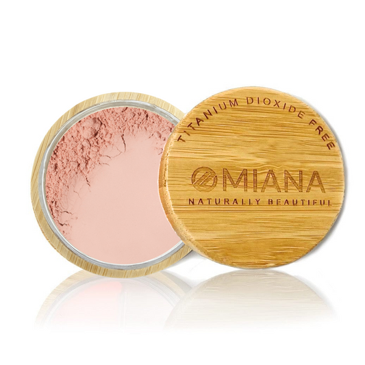 Omiana Loose Powder Mineral Blush Makeup in a bamboo container on a white background