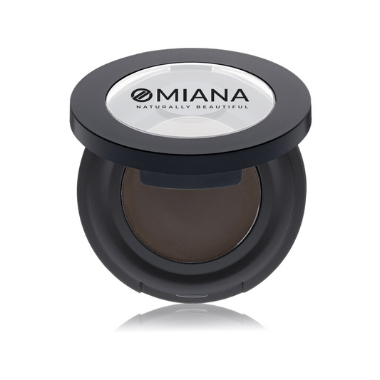 Compact powder vegan mineral brow cream in a black case with Omiana branding on a white background