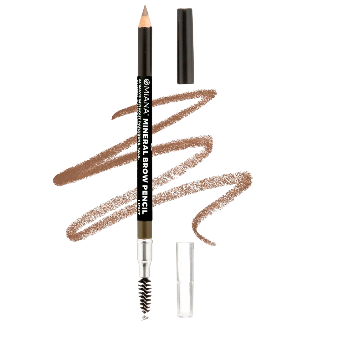 Omiana Mineral Brow Pencil with spoolie brush and light colored swatch - Without Boron Nitride, Paraben-Free, & More!