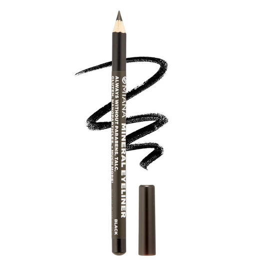 Black mineral makeup eyeliner pencil with a swatch on a white background | Omiana