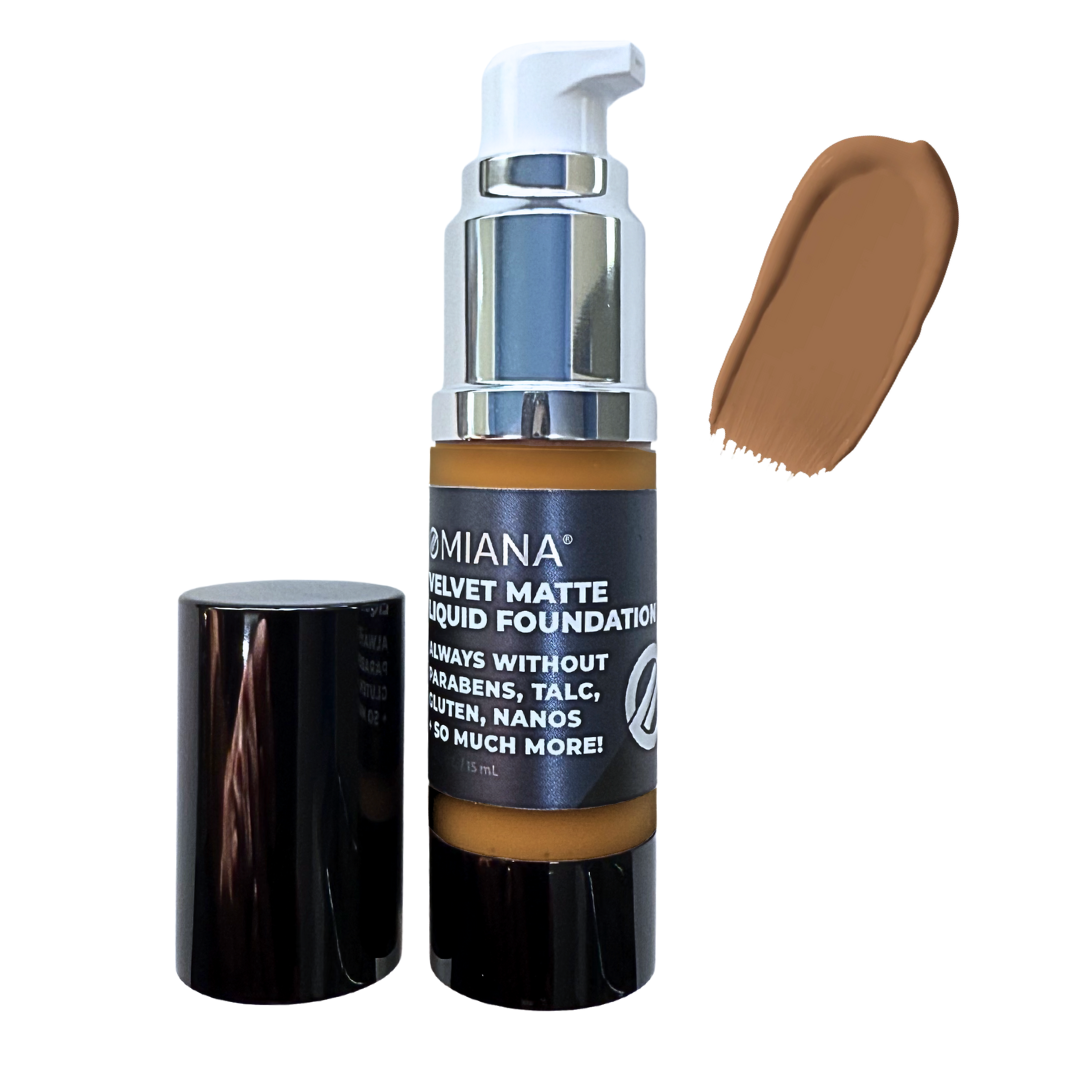 Omiana Velvet Matte Liquid Foundation with pump and swatch on white background
