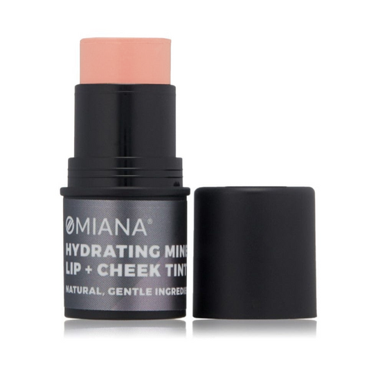 Omiana hydrating mineral lip and cheek tint with black packaging on a white background