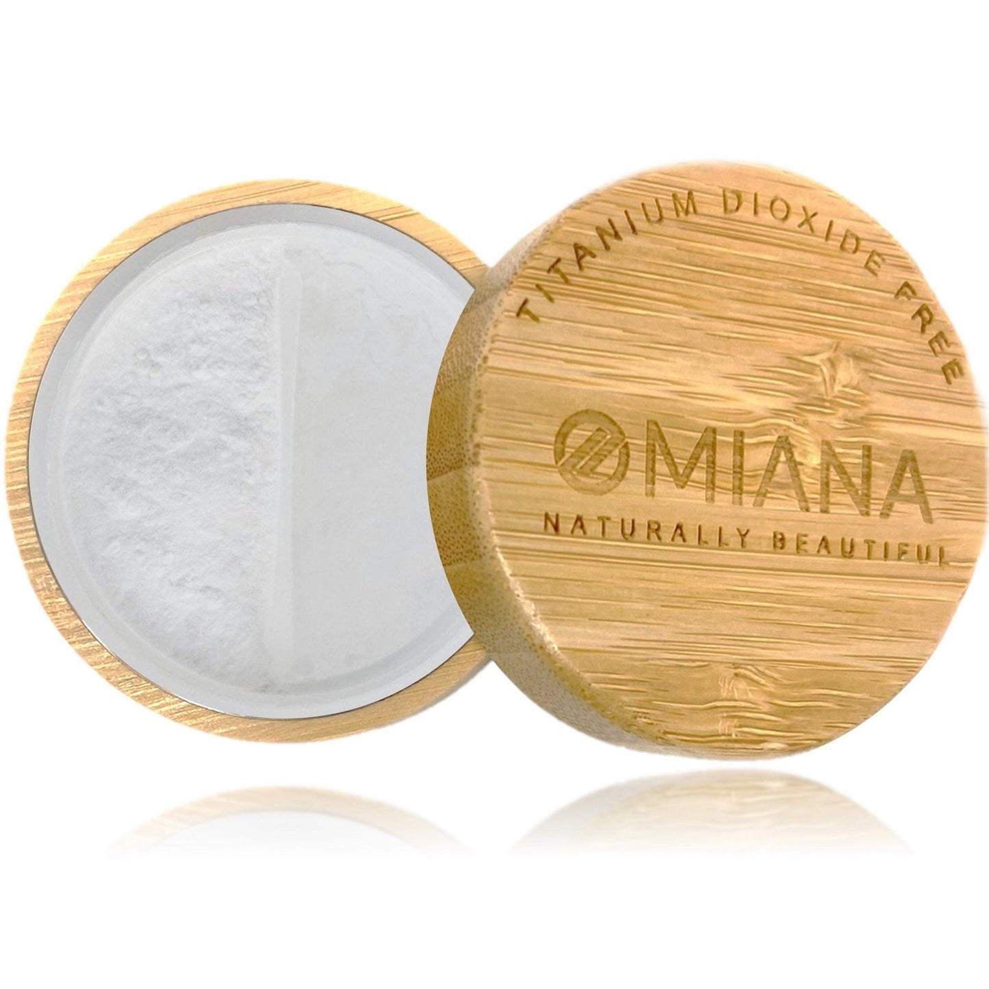 Omiana natural mineral veil makeup product in a bamboo container on a white background