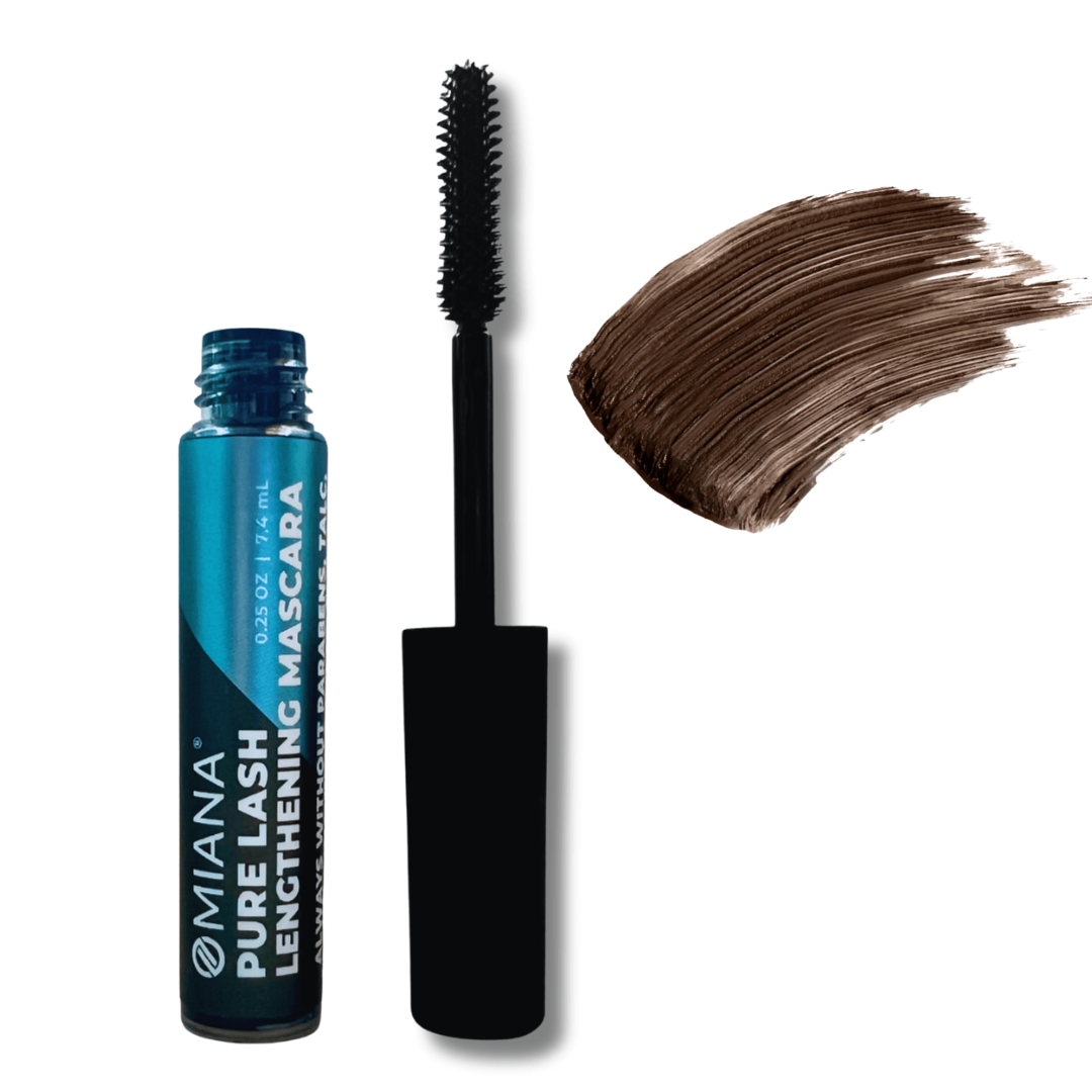 Omiana Pure Lash Lengthening Mascara with applicator and wand on a white background with brown sable swatch
