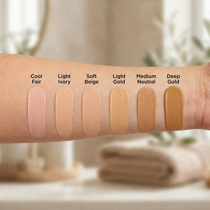 Omiana Tinted Nourishing Moisturizer shade swatches on arm featuring Cool Fair, Light Ivory, Soft Beige, Light Gold, Medium Neutral, and Deep Gold for fair to deep skin tones.