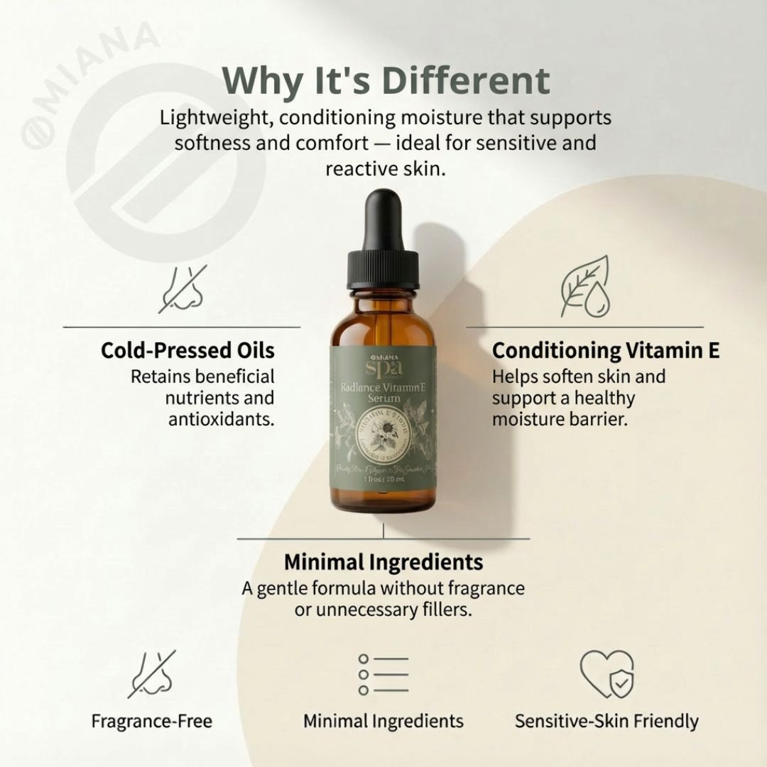 Omiana Natural Cosmetics Oil Radiance Vitamin E Serum – Lightweight, Conditioning Moisture for Sensitive Skin