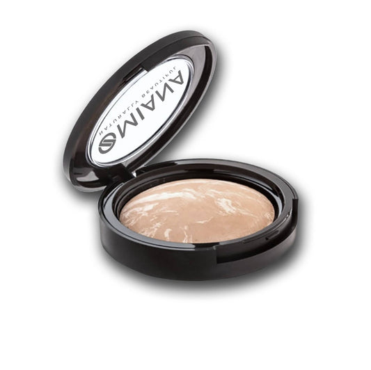 Best mineral foundation compact with beige baked cream powder and visible Omiana brand name on a white background